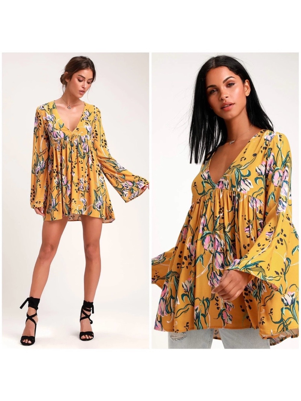 Free People Bella Floral Print Empire Tunic Top Golden Yellow Med Boho Festival